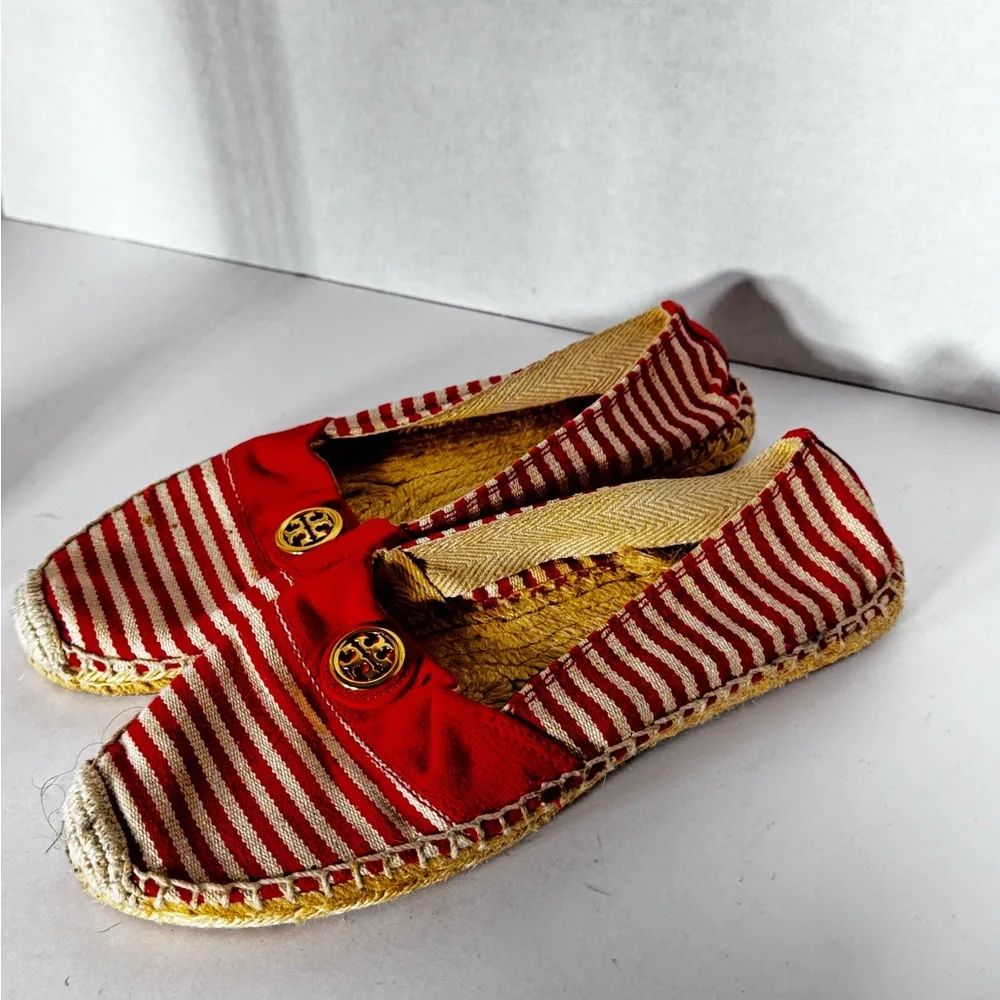 Tory Burch Beacher Striped Canvas Espadrilles Orange White 9